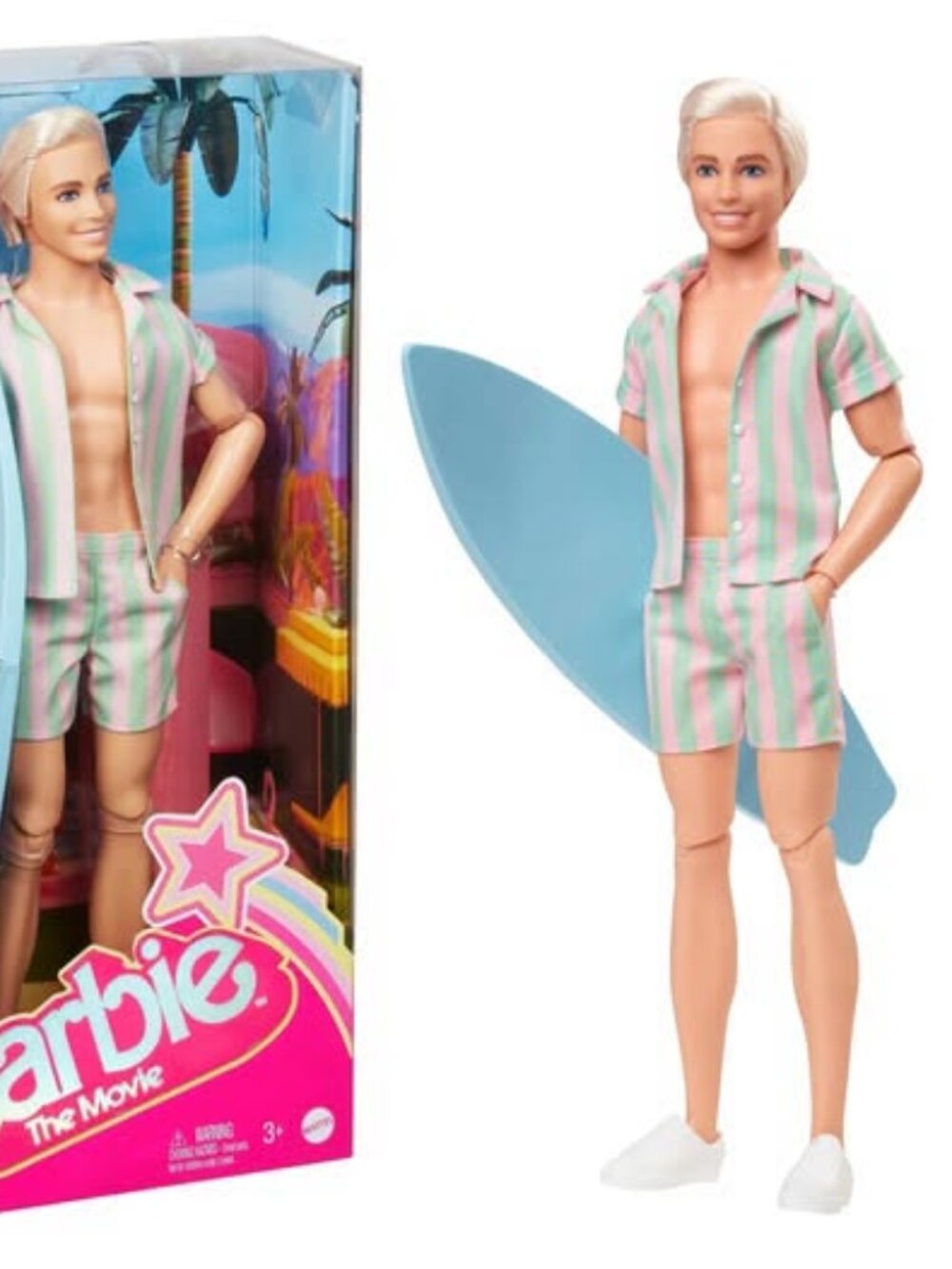 Brand New Barbie The Movie Ken Doll Wearing Pastel Striped Beach Matching Set.